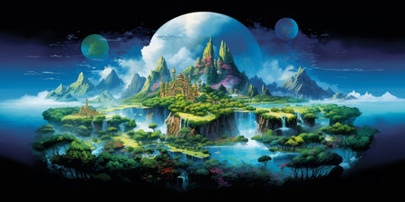 Fantasy island floating in the blue sky. City in the clouds. Temple on top of a mountain. Beautiful Waterfalls in the mountains. Rainforest. Castle in the sky. Fairy kingdom. Artの素材