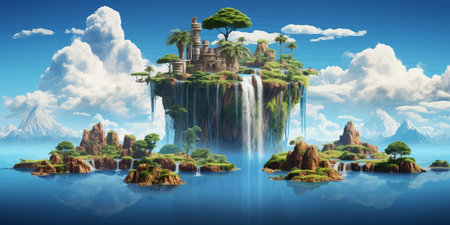 Fantasy island floating in the blue sky. City in the clouds. Temple on top of a mountain. Beautiful Waterfalls in the mountains. Rainforest. Castle in the sky. Fairy kingdom. Artの素材