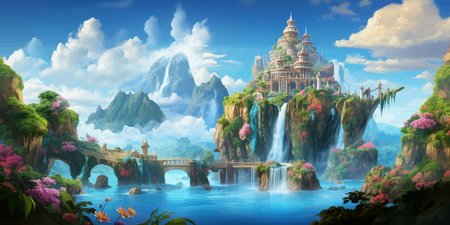 Fantasy island floating in the blue sky. City in the clouds. Temple on top of a mountain. Beautiful Waterfalls in the mountains. Rainforest. Castle in the sky. Fairy kingdom. Artの素材