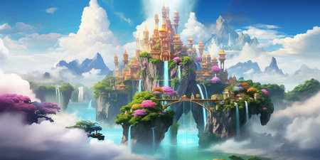 Fantasy island floating in the blue sky. City in the clouds. Temple on top of a mountain. Beautiful Waterfalls in the mountains. Rainforest. Castle in the sky. Fairy kingdom. Artの素材