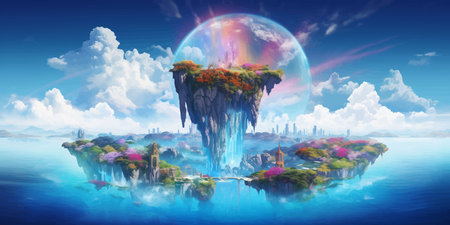 Fantasy island floating in the blue sky. City in the clouds. Temple on top of a mountain. Beautiful Waterfalls in the mountains. Rainforest. Castle in the sky. Fairy kingdom. Artの素材