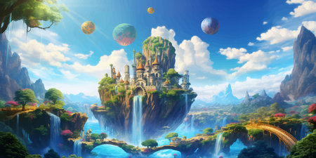 Fantasy island floating in the blue sky. City in the clouds. Temple on top of a mountain. Beautiful Waterfalls in the mountains. Rainforest. Castle in the sky. Fairy kingdom. Artの素材