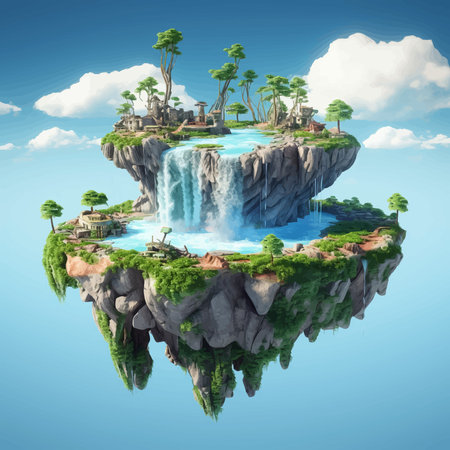 Fantasy island floating in the blue sky. City in the clouds. Temple on top of a mountain. Beautiful Waterfalls in the mountains. Rainforest. Castle in the sky. Fairy kingdom. Artの素材