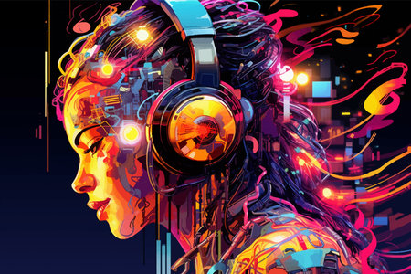 Cyborg DJ with headphones. Female robot with headphones listening to music. Woman in cyberspace. Futuristic girl in virtual really. Neon light. Club. DJ mixer. 3d vector artの写真素材