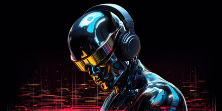 Cyborg DJ with headphones. Male robot with headphones listening to music. Man in cyberspace. Futuristic man with headphones in virtual really. Neon light. Club. DJ mixer. 3d vectorの写真素材