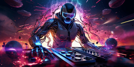 Cyborg DJ with headphones. Male robot with headphones listening to music. Man in cyberspace. Futuristic man with headphones in virtual really. Neon light. Club. DJ mixer. 3d vectorの写真素材