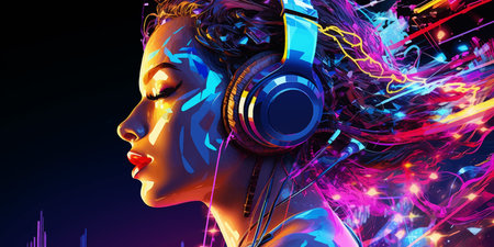 Cyborg DJ with headphones. Female robot with headphones listening to music. Woman in cyberspace. Futuristic girl in virtual really. Neon light. Club. DJ mixer. 3d vector artの写真素材