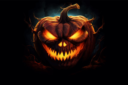 Halloween pumpkin with witch hat. Pumpkin with fire on black background. Pumpkin with an evil smile. Evil Pumpkin with scary eyes. Scary face. Vector illustrationの写真素材