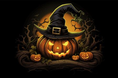 Halloween pumpkin with witch hat. Pumpkin with fire on black background. Pumpkin with an evil smile. Evil Pumpkin with scary eyes. Scary face. Vector illustrationの写真素材