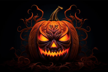 Halloween pumpkin with witch hat. Pumpkin with fire on black background. Pumpkin with an evil smile. Evil Pumpkin with scary eyes. Scary face. Vector illustrationの写真素材