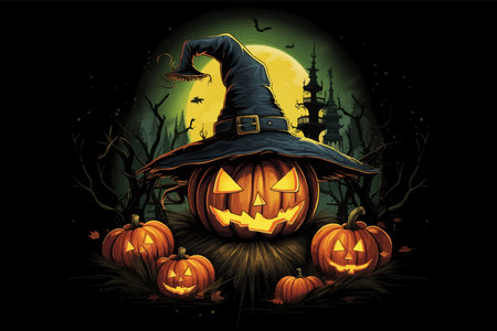 Halloween pumpkin with witch hat. Pumpkin with fire on black background. Pumpkin with an evil smile. Evil Pumpkin with scary eyes. Scary face. Vector illustrationの写真素材