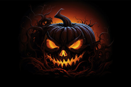 Halloween pumpkin with witch hat. Pumpkin with fire on black background. Pumpkin with an evil smile. Evil Pumpkin with scary eyes. Scary face. Vector illustrationの写真素材