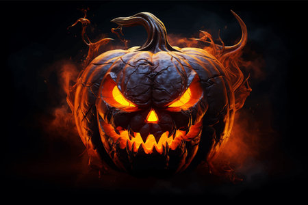 Halloween pumpkin with witch hat. Pumpkin with fire on black background. Pumpkin with an evil smile....