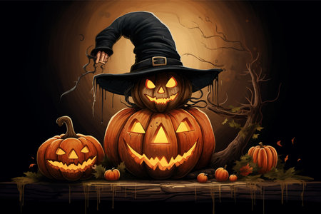 Halloween pumpkin with witch hat. Pumpkin with fire on black background. Pumpkin with an evil smile. Evil Pumpkin with scary eyes. Scary face. Vector illustrationの写真素材