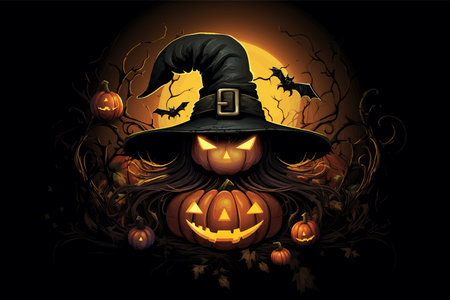 Halloween pumpkin with witch hat. Pumpkin with fire on black background. Pumpkin with an evil smile. Evil Pumpkin with scary eyes. Scary face. Vector illustrationの写真素材