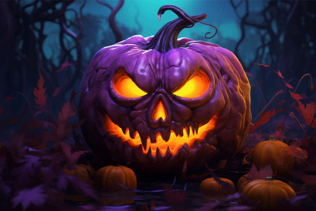 Halloween pumpkin with witch hat. Pumpkin with fire on black background. Pumpkin with an evil smile. Evil Pumpkin with scary eyes. Scary face. Vector illustrationの写真素材