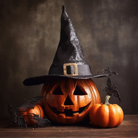 Halloween pumpkin with witch hat. Pumpkin with fire on black background. Pumpkin with an evil smile. Evil Pumpkin with scary eyes. Scary face. Vector illustrationの写真素材