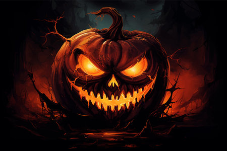 Halloween pumpkin with witch hat. Pumpkin with fire on black background. Pumpkin with an evil smile. Evil Pumpkin with scary eyes. Scary face. Vector illustrationの写真素材