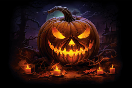 Halloween pumpkin with witch hat. Pumpkin with fire on black background. Pumpkin with an evil smile. Evil Pumpkin with scary eyes. Scary face. Vector illustrationの写真素材