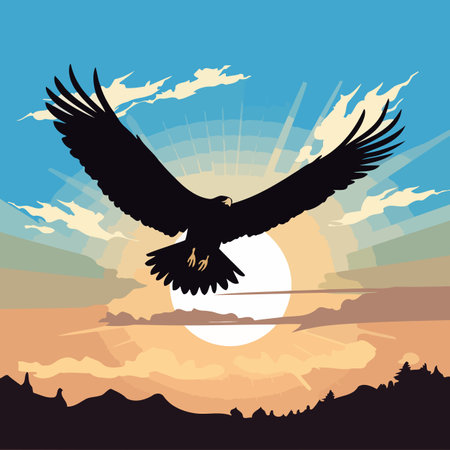 Eagle on the background of the sun and mountains. Vector illustrationの写真素材
