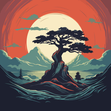 Bonsai tree on the island. Vector illustration in retro styleの写真素材