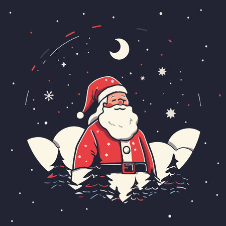 Santa Claus in the night sky. Vector illustration in flat style. New year's nightの写真素材