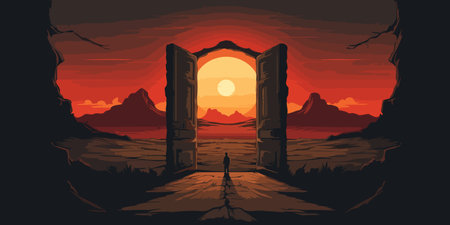 Wooden door in the desert. Wooden gate with a view of the desert. Natural landscape, path to the unknown. Horizon, sand. Arch in the desert with sunset view. Illustrationの写真素材