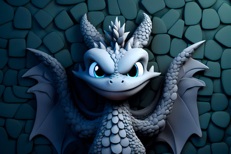 Super cute grey little baby dragon with big blue eyes. Fantasy monster on the background of the stone wall. Small Funny Cartoon character. Fairytale animal. isolated on grey. 3dの素材