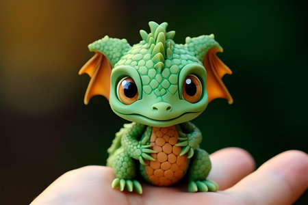 Funny green dragon toy on a human hand, close-up. Super cute green little baby dragon with big eyes. Fantasy monster with smile. Small Cartoon character. Fairytale animalの素材