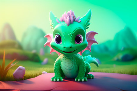 Super cute green little baby dragon with big eyes. Fantasy monster with smile. Small Funny Cartoon character. Fairytale animal. Green grass background. Illustration for childrenの素材