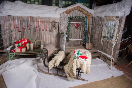 sled in mountains in winter. Outdoor fun for family Christmas vacation.の写真素材