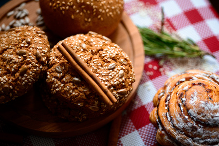 Fresh bread on the table. Background food.の写真素材