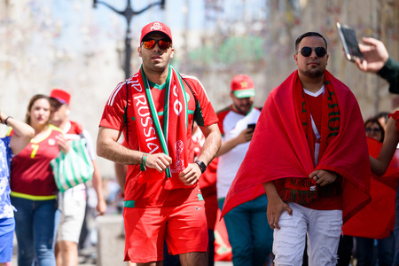 football fans of Morocco at the world Cup in Russia on June 20 in Moscowのeditorial素材