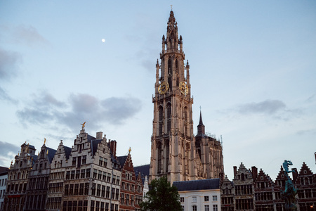 Cathedral of our lady in Antwerp, Belgium under clear blue sky in Sunny good weather day in spring