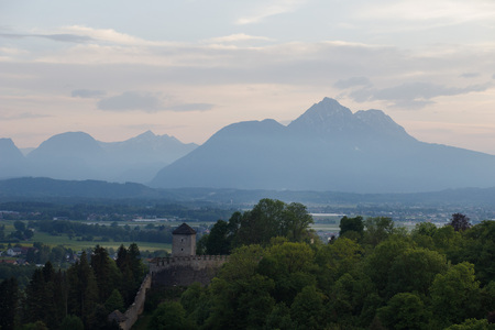 Beautiful view of the Alps from Hohensalzburg fortress, panorama Salzburg, Austriaの写真素材