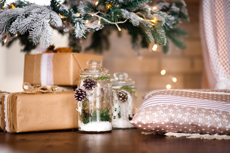 Christmas loft room interior with figures, the New year 2019 decorated with light gifts toys, holiday conceptの写真素材