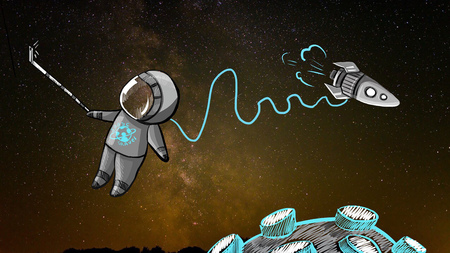Astronaut takes a selfie in space. Planets and stars in the background. Space tourist.