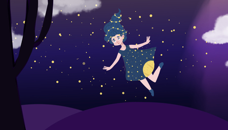 Happy journey-flying girl in a magical world on a purple backgroundの写真素材