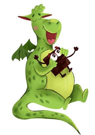 Cute dinosaur eats chocolate. illustrationの写真素材