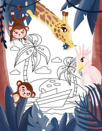 Tropical jungle, monkey, giraffe, parrot palm leaves frame illustrationの写真素材