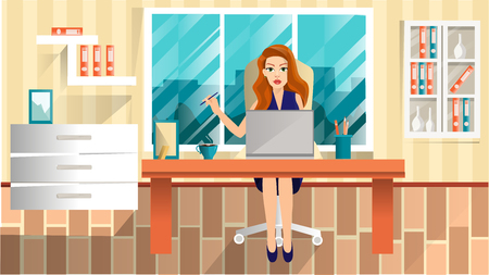 Business woman lady entrepreneur in a suit working on a laptop computer at her clean and sleek office desk. Flat style color modern illustration.のイラスト素材