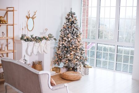 Christmas tree with presents underneath in living roomの写真素材