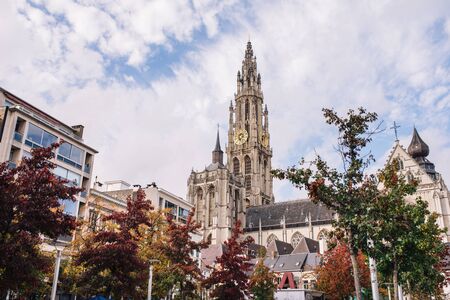 St. Salvator's Cathedral in the historic center of Bruges, Belgium. on cloudy daysの写真素材