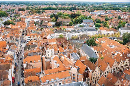 Panoramic view from the Belfort tower on the historic part of Bruges and the Cathedral of St....