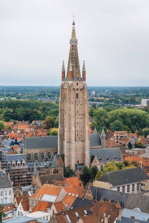 Panoramic view from the Belfort tower on the historic part of Bruges and the Cathedral of St. Salvator, the main pedestrian street with many shops, Belgium. Travel to Belgium. Aerial viewの写真素材