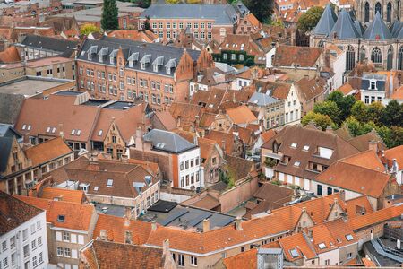 Panoramic view from the Belfort tower on the historic part of Bruges and the Cathedral of St....