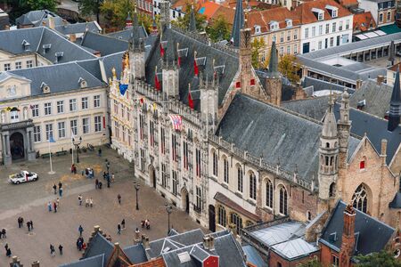 Panoramic view from the Belfort tower on the historic part of Bruges and the Cathedral of St. Salvator, the main pedestrian street with many shops, Belgium. Travel to Belgium. Aerial viewの写真素材