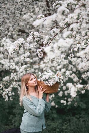 girl with a basket of flowers blooming Apple trees in springの写真素材
