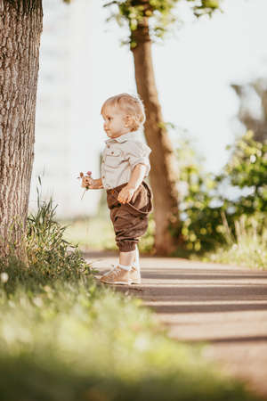 A small blond boy dressed in a vintage jumpsuit in a field at sunset, on a summer day.の写真素材