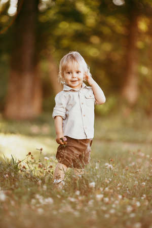 A small blond boy dressed in a vintage jumpsuit in a field at sunset, on a summer day.の写真素材